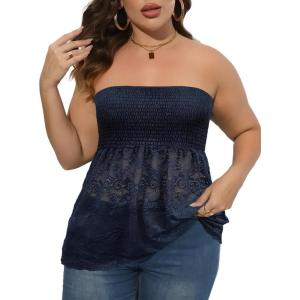 Comeon Women’s Plus Size Tube Tops Strapless Stretchy Bandeau Sheer Lace Flare Hem(Purplish Blue)