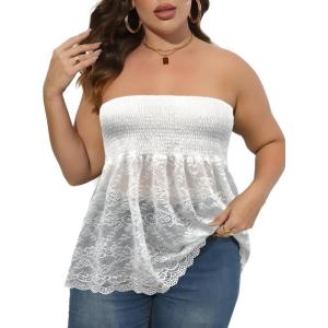 Comeon Women’s Plus Size Tube Tops Strapless Stretchy Bandeau Sheer Lace Flare Hem(White)