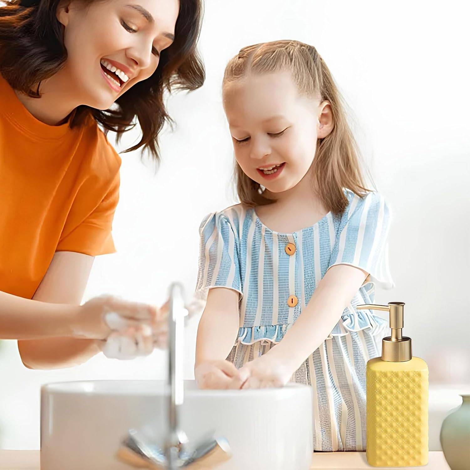 image:imageBathroom Accessories Set Ceramic Soap Dispenser Toothbrush Holder Bathroom Tumbler Soap Dish Bathroom Decor Vibrant Modern Bathroom Set Yellow 4Piece Suit