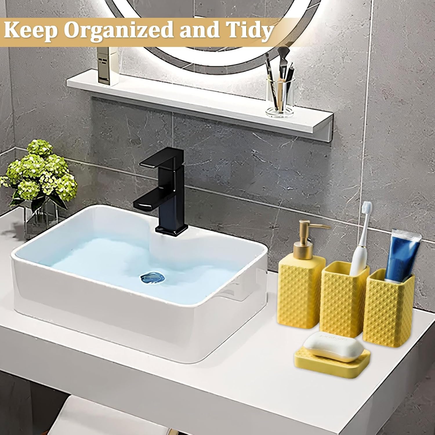 image:imageBathroom Accessories Set Ceramic Soap Dispenser Toothbrush Holder Bathroom Tumbler Soap Dish Bathroom Decor Vibrant Modern Bathroom Set Yellow 4Piece Suit