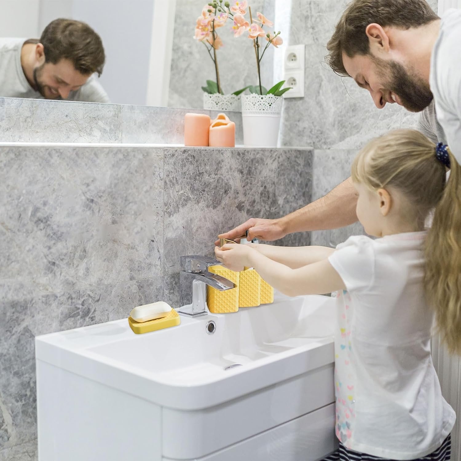 image:imageBathroom Accessories Set Ceramic Soap Dispenser Toothbrush Holder Bathroom Tumbler Soap Dish Bathroom Decor Vibrant Modern Bathroom Set Yellow 4Piece Suit