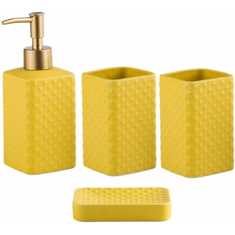 image:imageBathroom Accessories Set Ceramic Soap Dispenser Toothbrush Holder Bathroom Tumbler Soap Dish Bathroom Decor Vibrant Modern Bathroom Set Yellow 4Piece Suit