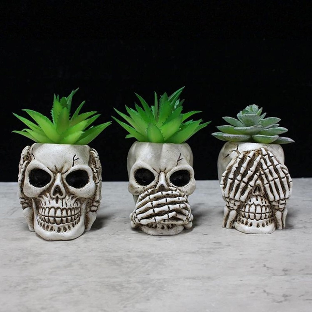 image:imageSucculent Pots with Drainage Mini Skull Decor Flower Pot Set of 3Beige