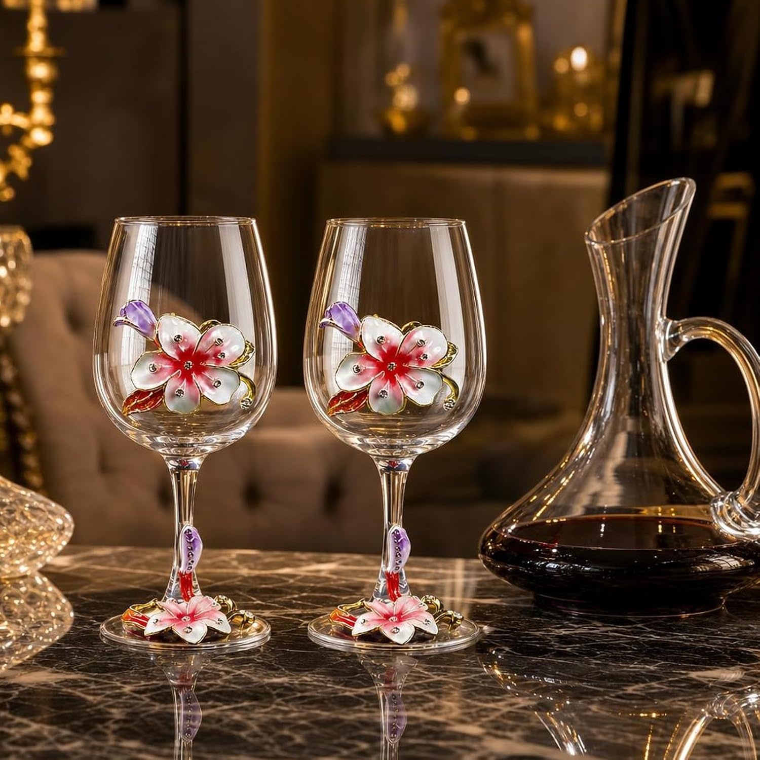 image:imageComeon Flower Wine Glasses Hand Painted Wine Glasses Pink 2 SetPink 2 set gift box
