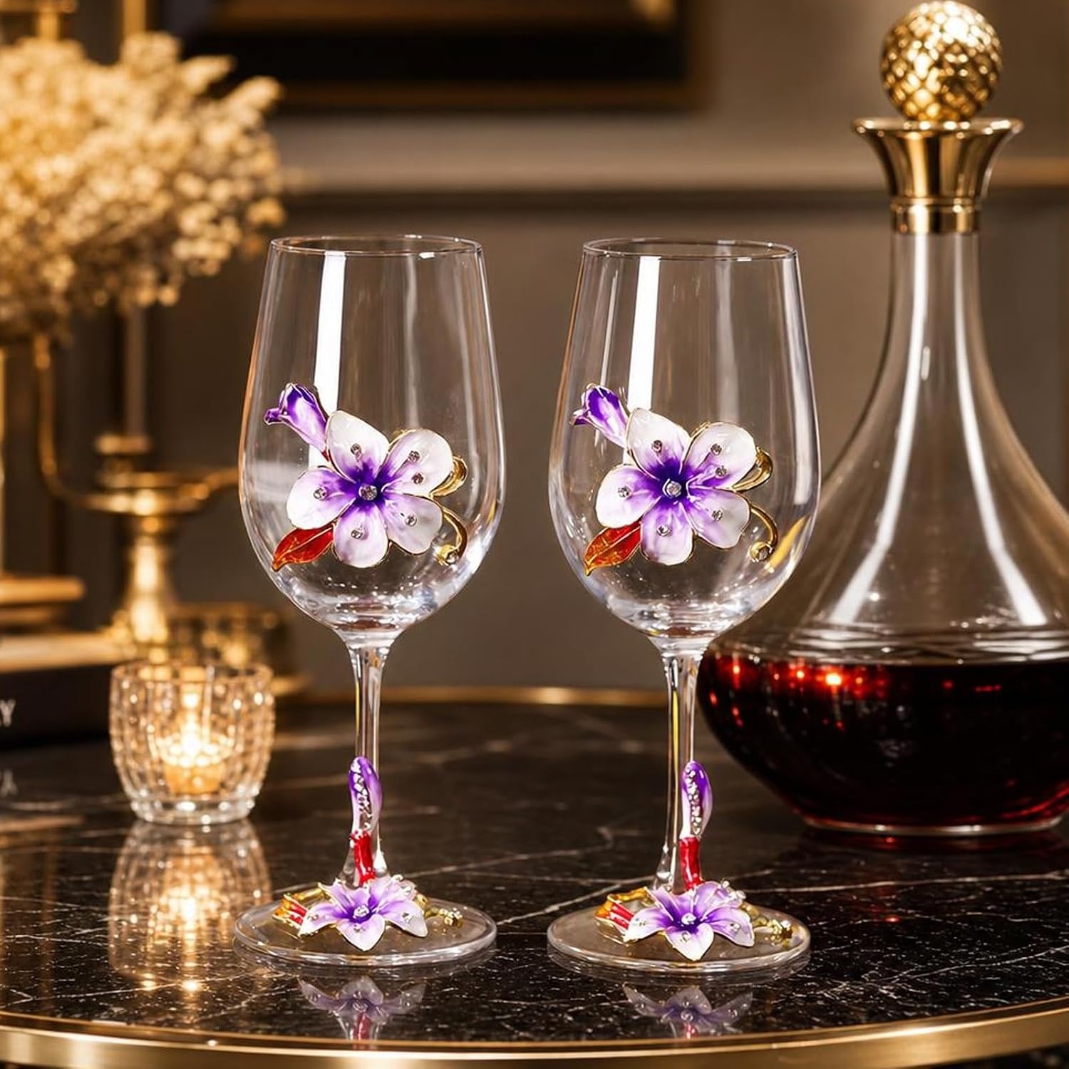 image:imageComeon Flower Wine Glasses Hand Painted Wine Glasses Pink 2 SetPurple 2 set gift box