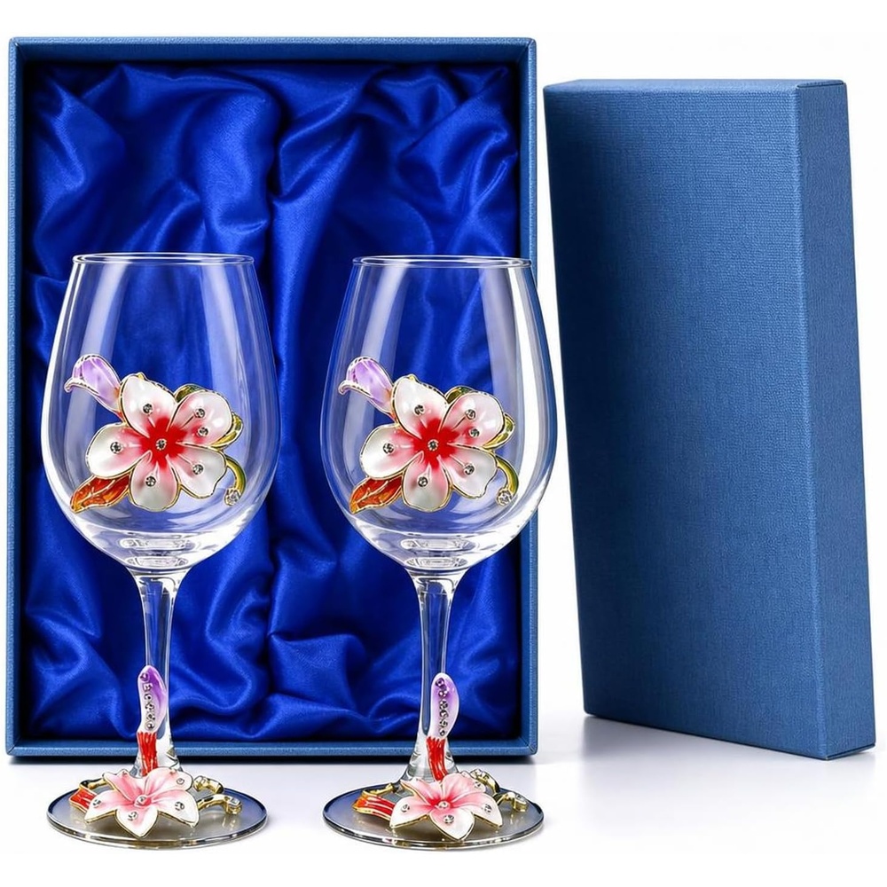image:imageComeon Flower Wine Glasses Hand Painted Wine Glasses Pink 2 SetPink 2 set gift box