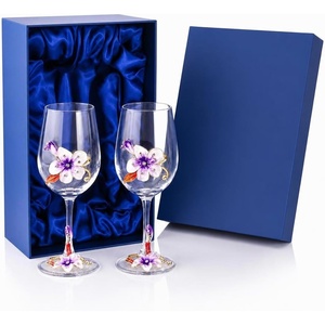 Comeon Flower Wine Glasses Hand Painted Wine Glasses Pink 2 Set(Purple/ 2 set (gift box))