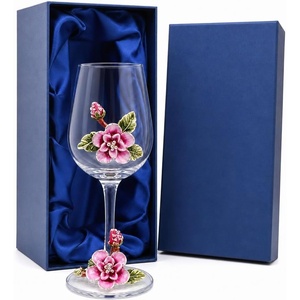 Comeon Flower Wine Glasses Hand Painted Wine Glasses Pink with Gift Box (Pink)(purple flower (gift box))